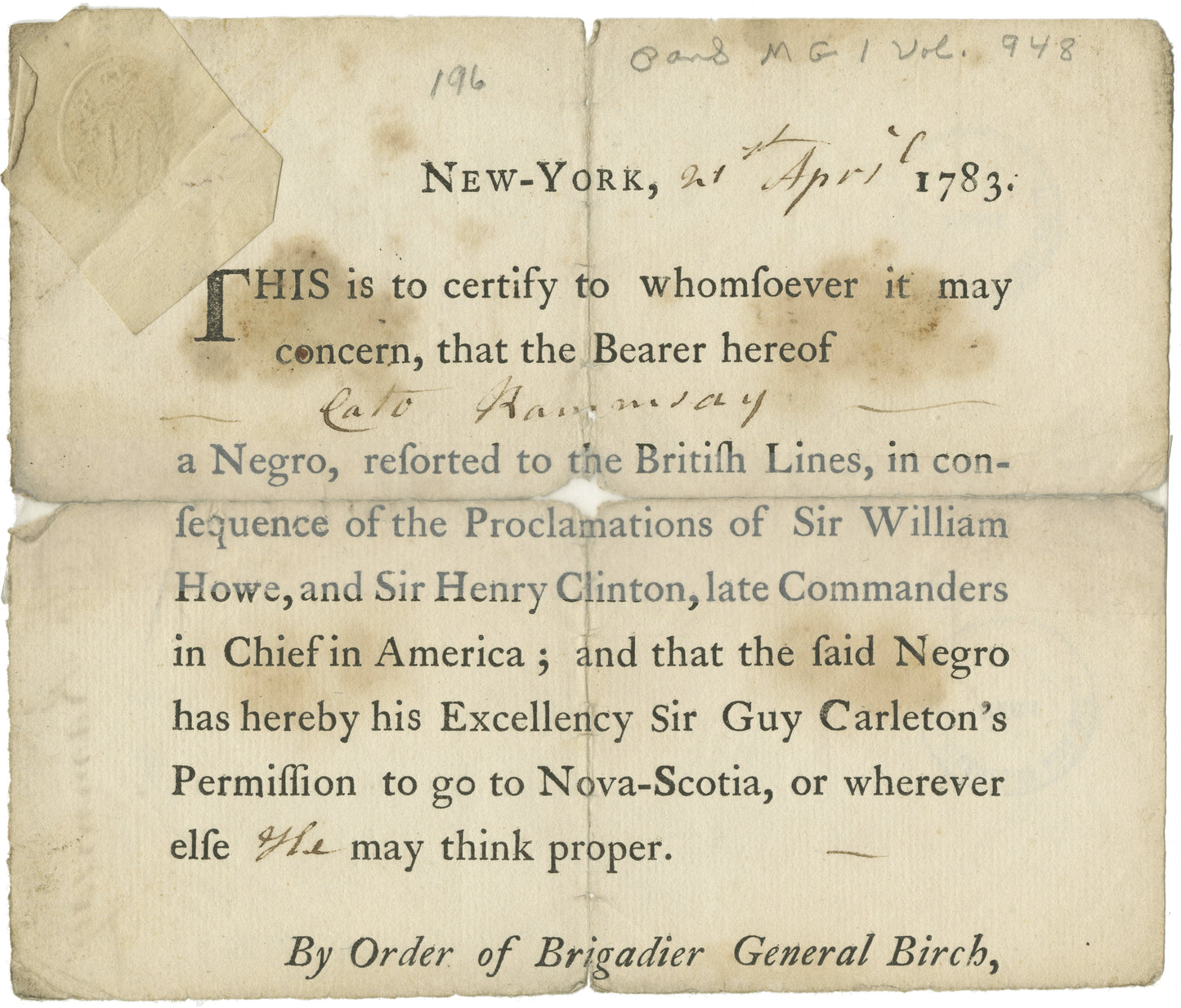 Passport for Cato Ramsay to emigrate to Nova Scotia