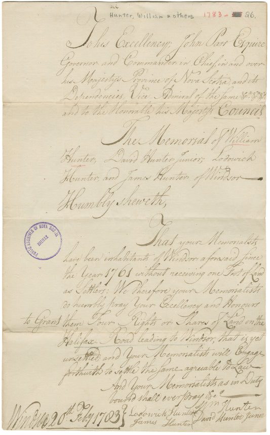 Hunter, William and others – 1783 – Hants County
