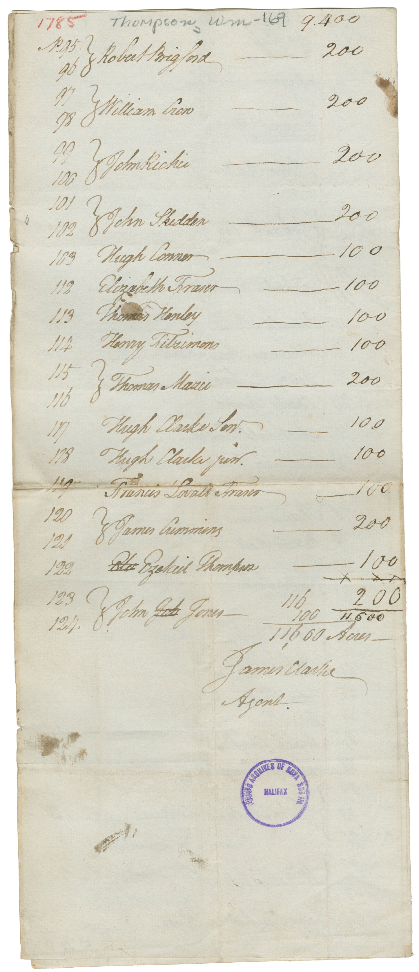 Thompson, William and others – 1785 – Shelburne County - License to Occupy