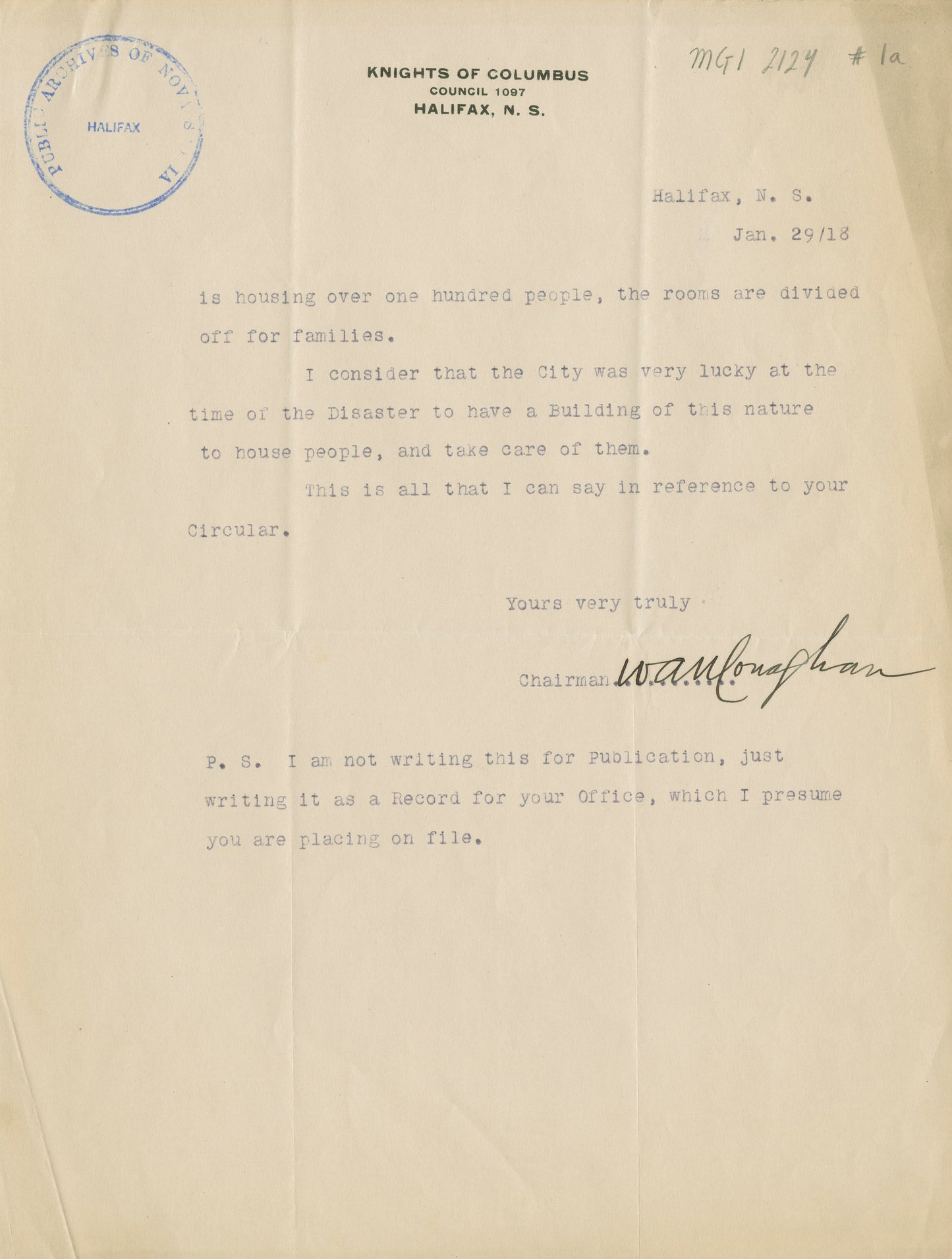 Letter from Halifax W.A.N. Lonaghan