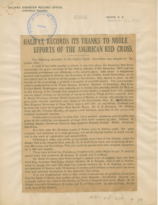 "Halifax Records its thanks to noble efforts of the American Red Cross"