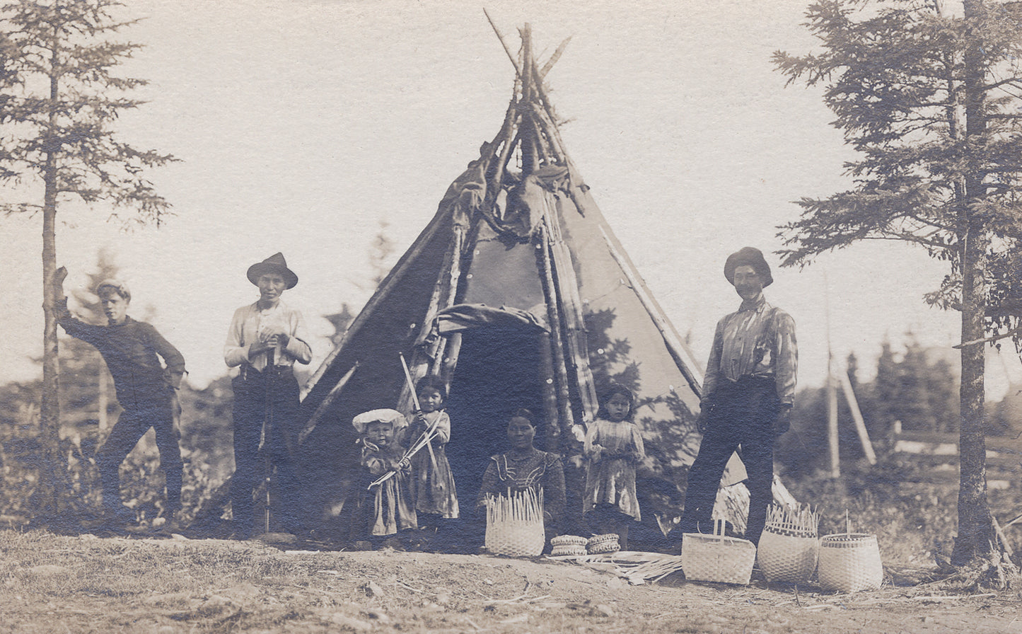 Mi'kmaq group with baskets in front of wigwam, Chester