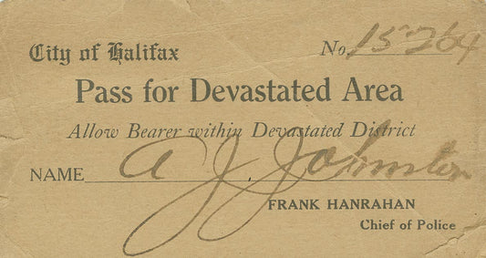 Pass for Devastated Area, number 15264, issued to A. J. Johnston.