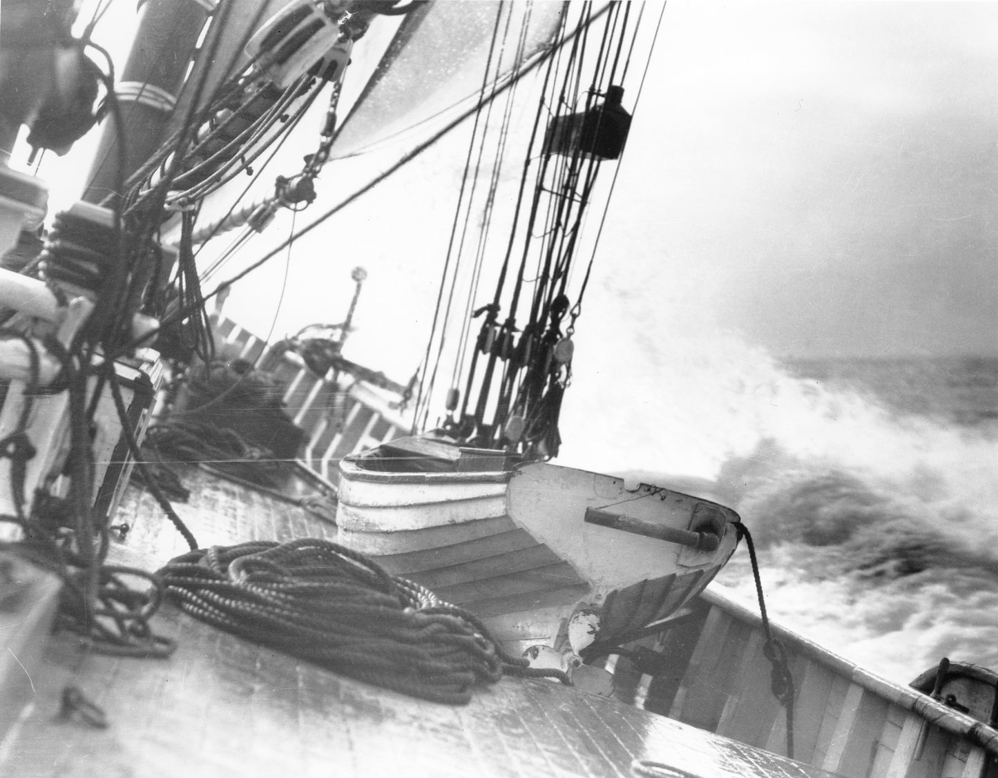 Deck detail during storm, Grand Bank fishing schooner Bluenose