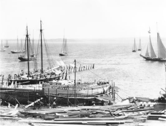 "Bluenose on stocks, Smith & Rhuland's Shipyard, Lunenburg, NS"