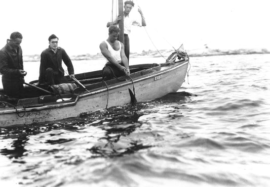 Group in fishing vessel Kic catching porpoise, Peggy's Cove lighthouse in background