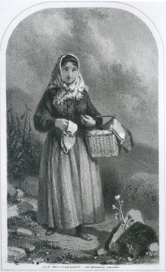 Acadian woman, Chezzetcook, with basket of eggs and hand-knit wollen socks