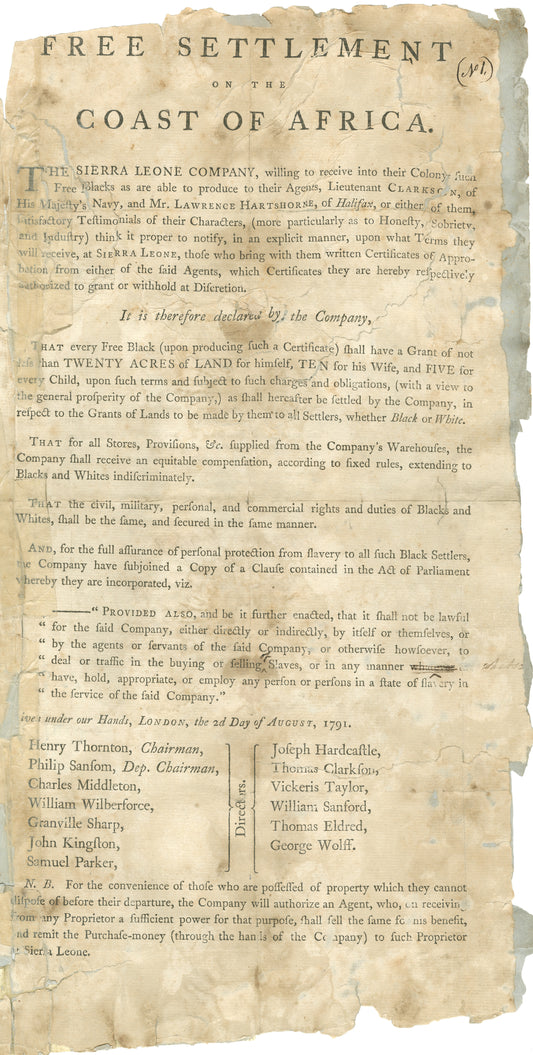 Advertisement for the settlement of black Nova Scotians in Sierra Leone