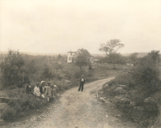 House at North Preston, with group of children in the foreground