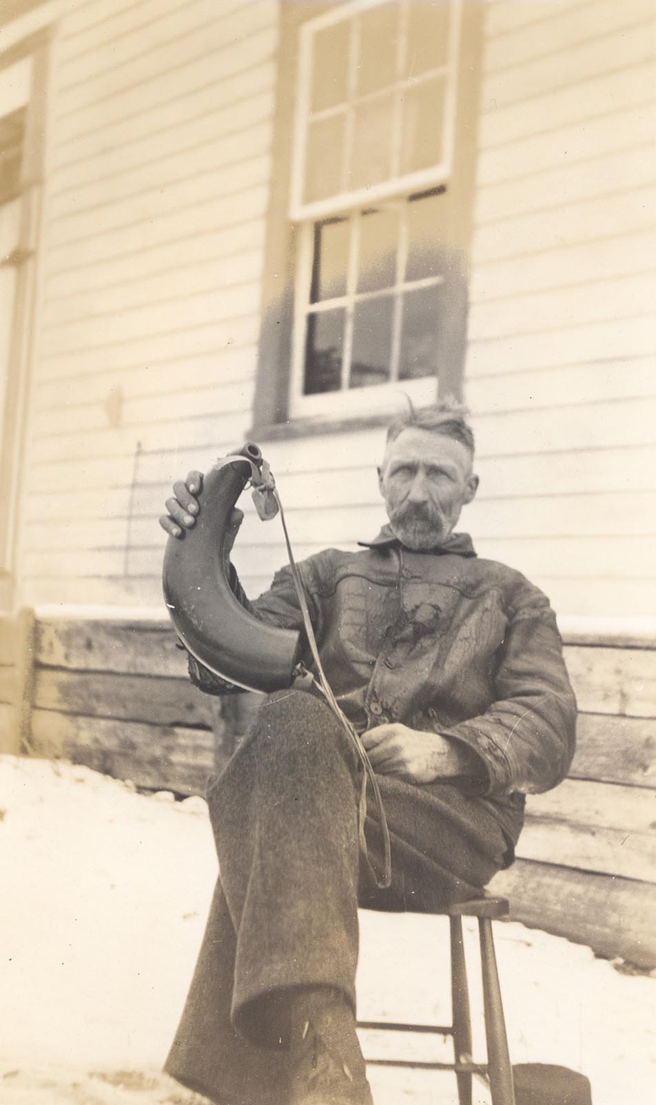 Gaelic bard's horn held by his great-grandson, Marshy Hope, Pictou Co.