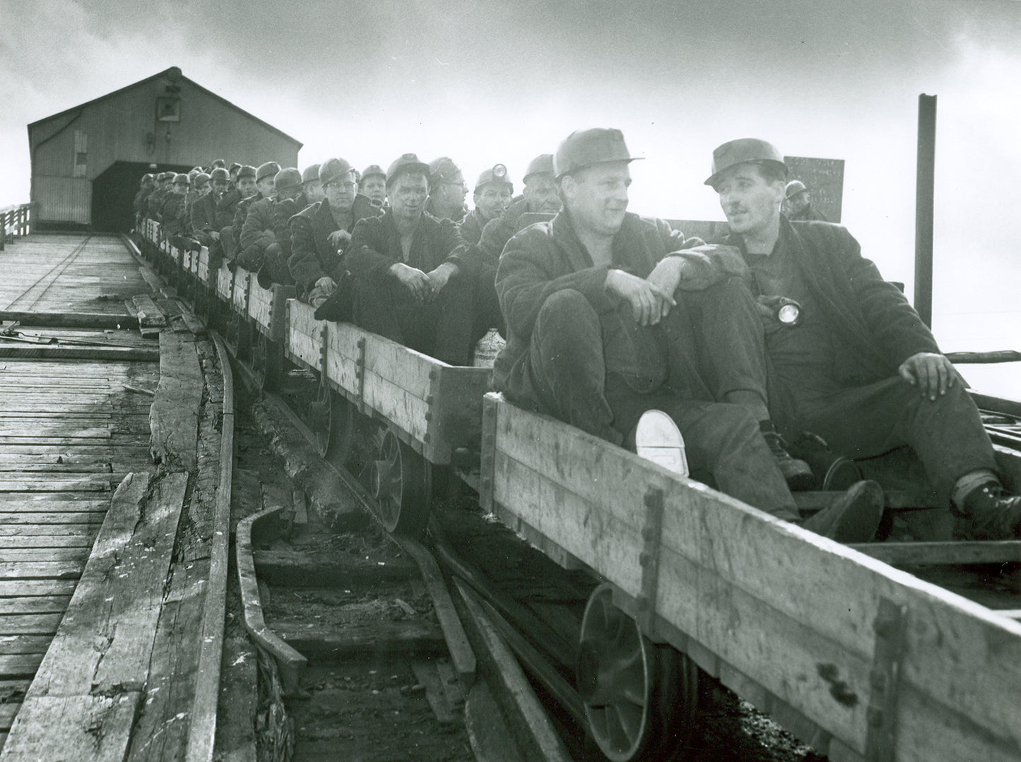 Miners descending into mine, Number 12 Colliery, New Waterford