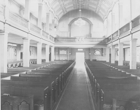 Saint Paul's Anglican Church, Halifax, Nova Scotia, showing an interior view of the entrance, vaulted ceiling and arches of the upper gallery