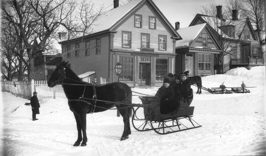 Family posing in sleigh on street in Guysborough, N.S., behind the sleigh are ships including E.R. Debarres