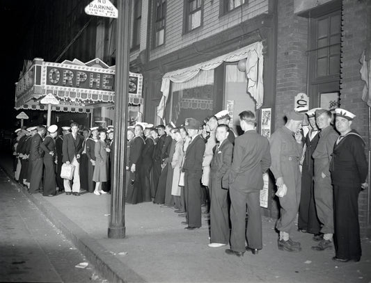 Service personnel and civilans at Orpheus movie theatre, Barrington Street, halifax