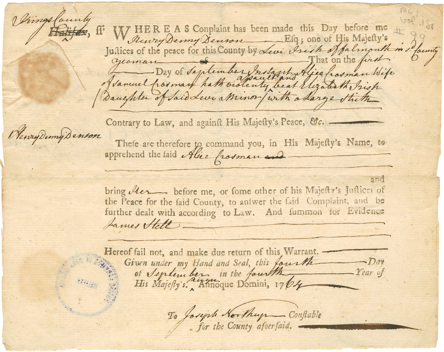 Charge of assault against Alice Crosman