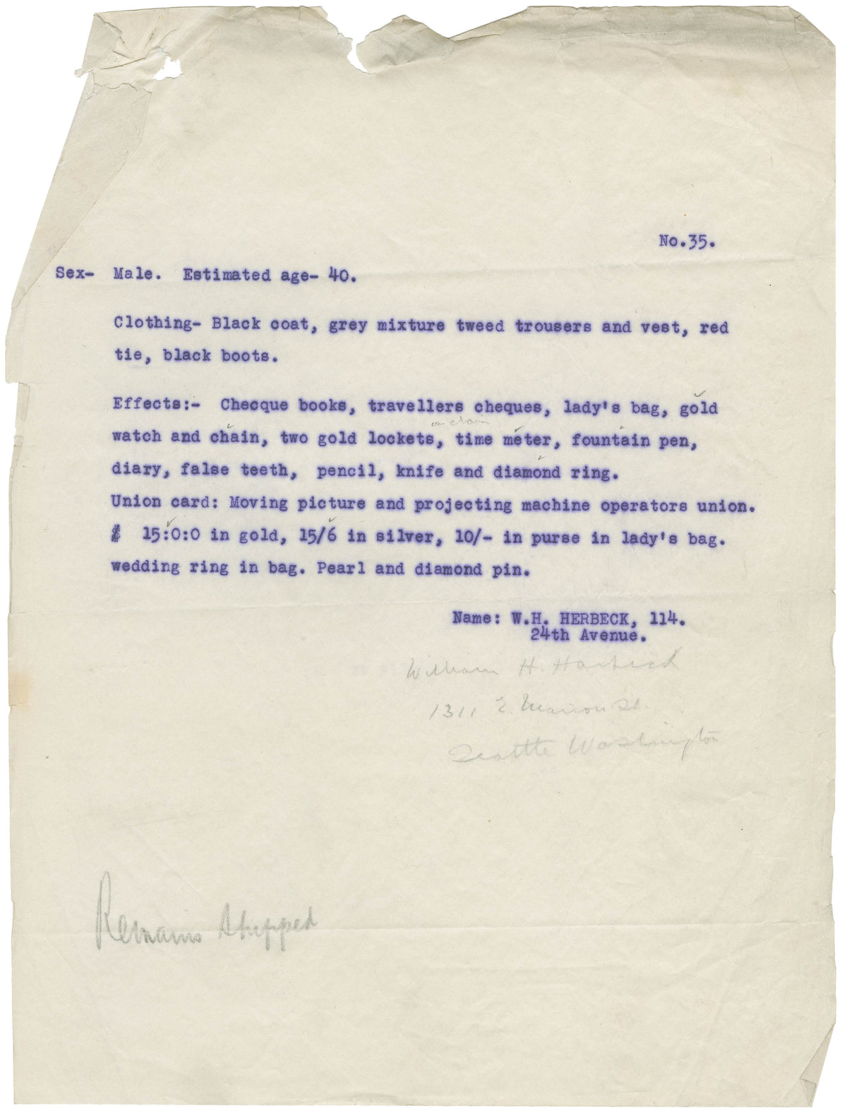 Body No. 35 William H. Harbeck
