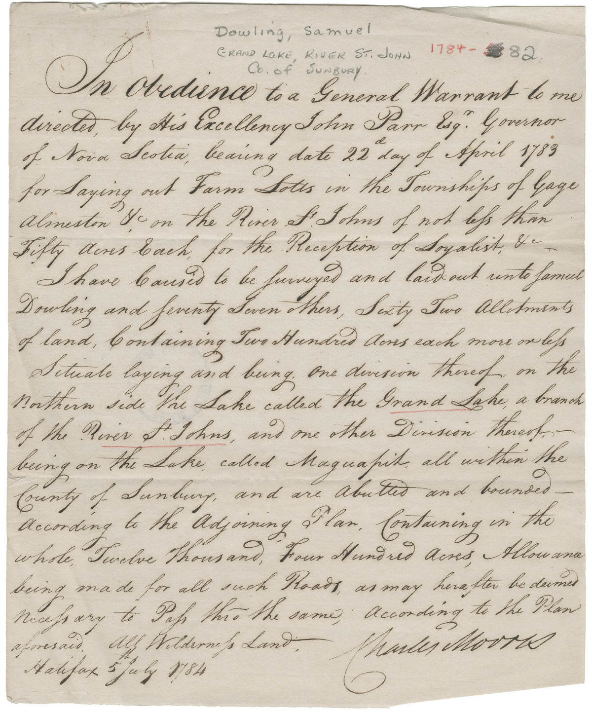 Dowling, Samuel and others – 1784 – New Brunswick