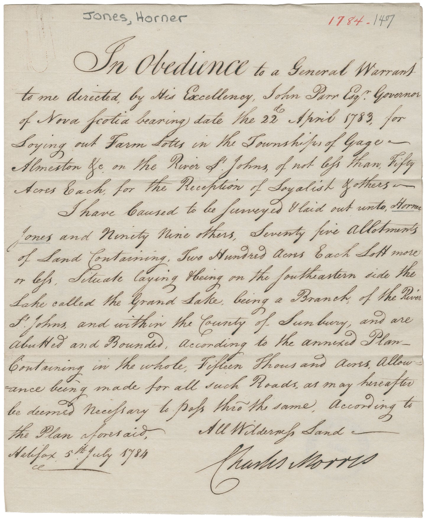 Jones, Horner and others – 1784 – New Brunswick