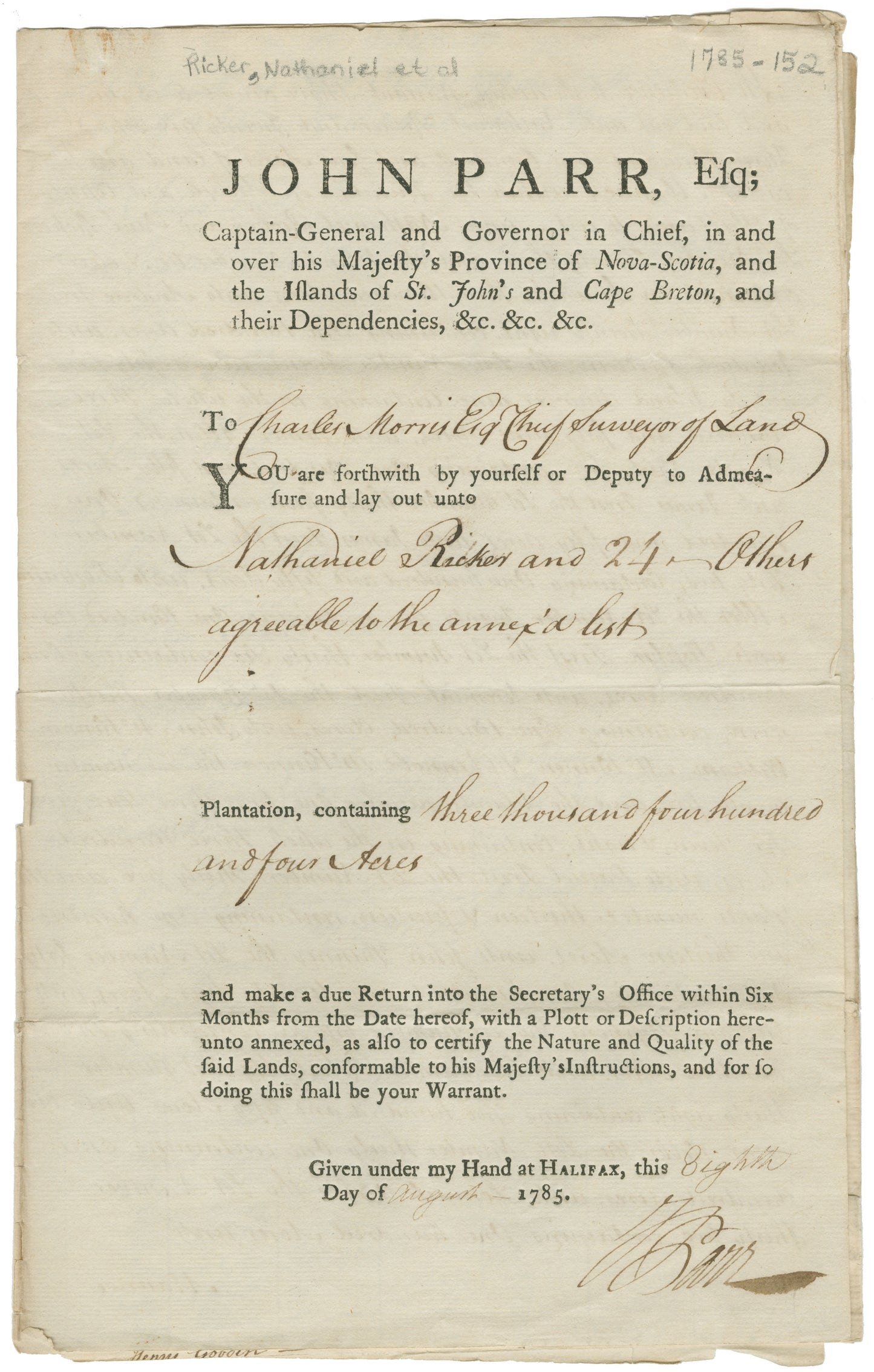 Warrant to Survey - Ricker, Nathaniel and others – 1785 – Shelburne County