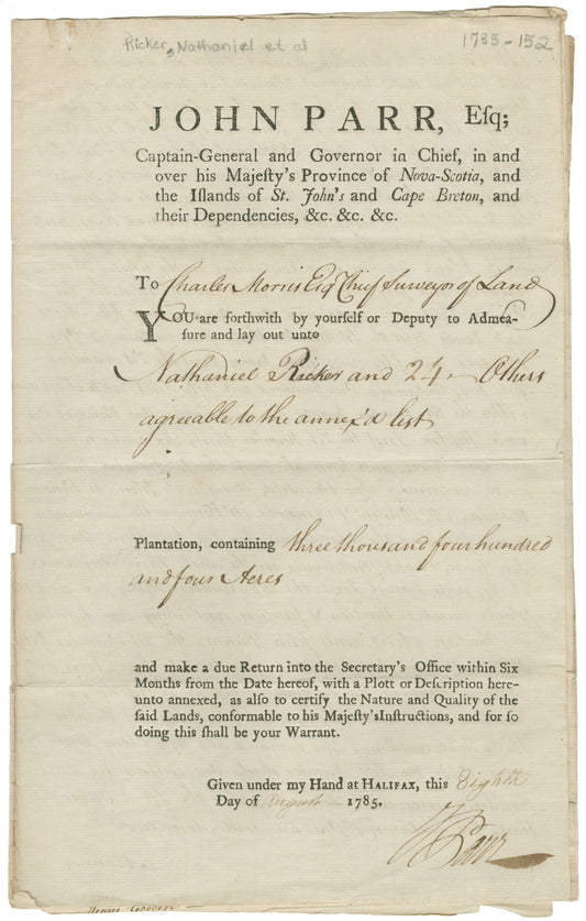 Warrant to Survey - Ricker, Nathaniel and others – 1785 – Shelburne County
