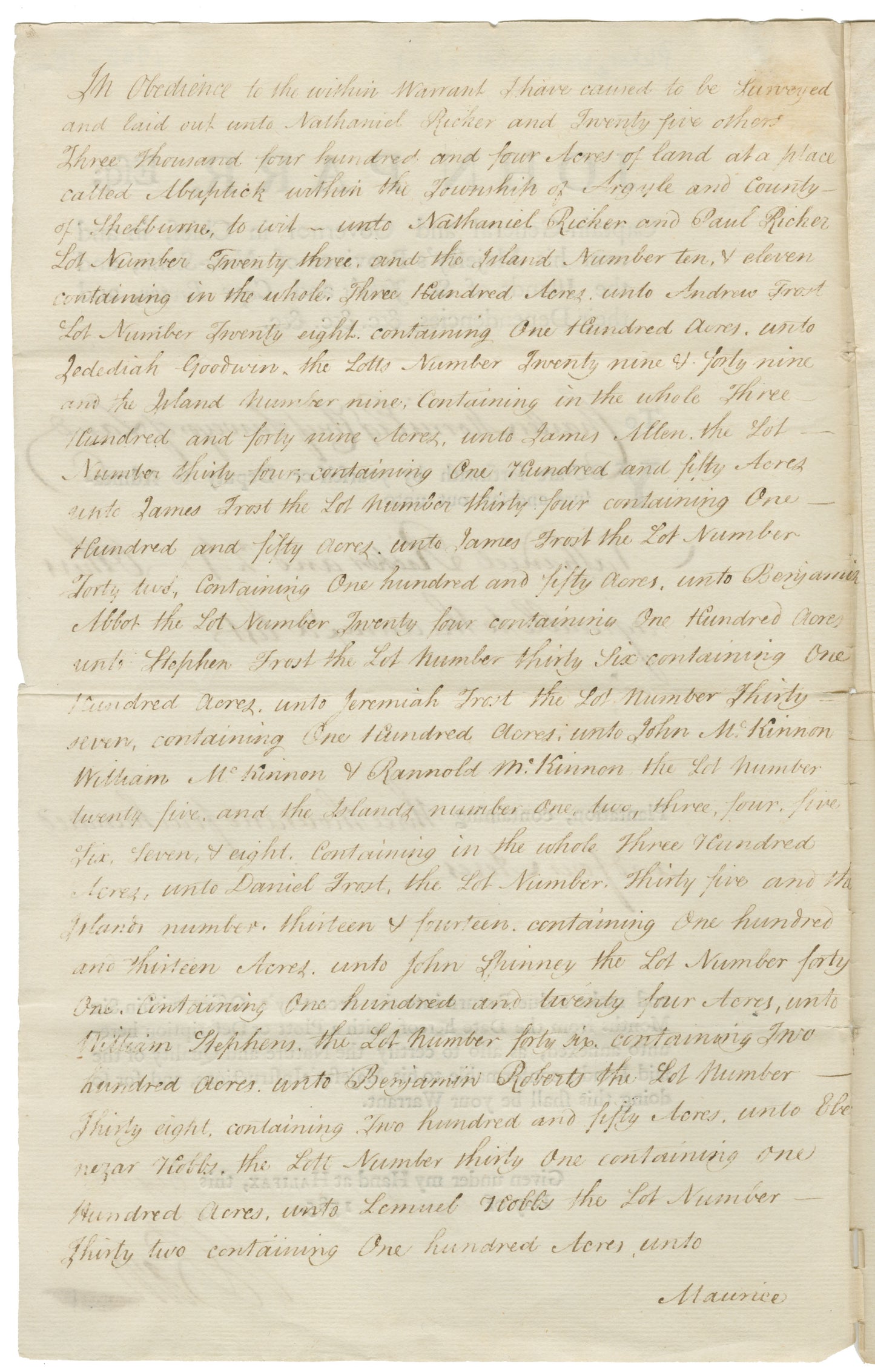 Ricker, Nathaniel and others – 1785 – Shelburne County - Surveyor's Report