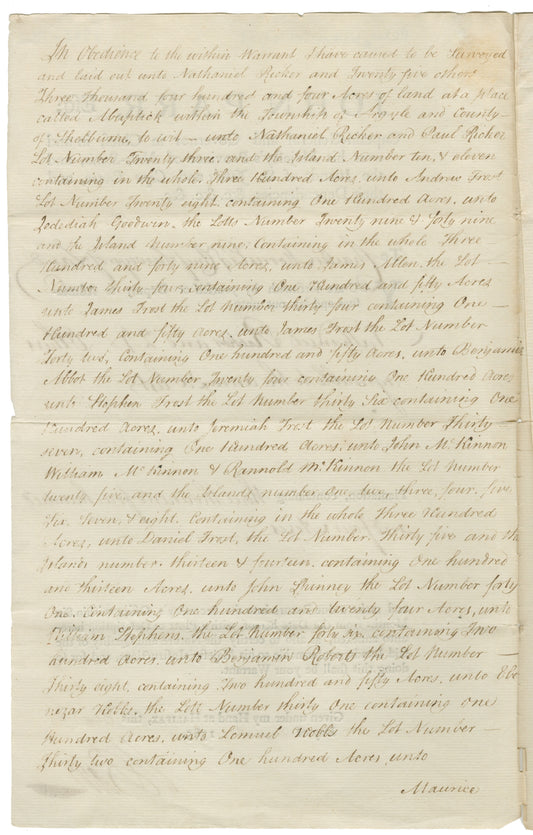 Ricker, Nathaniel and others – 1785 – Shelburne County - Surveyor's Report