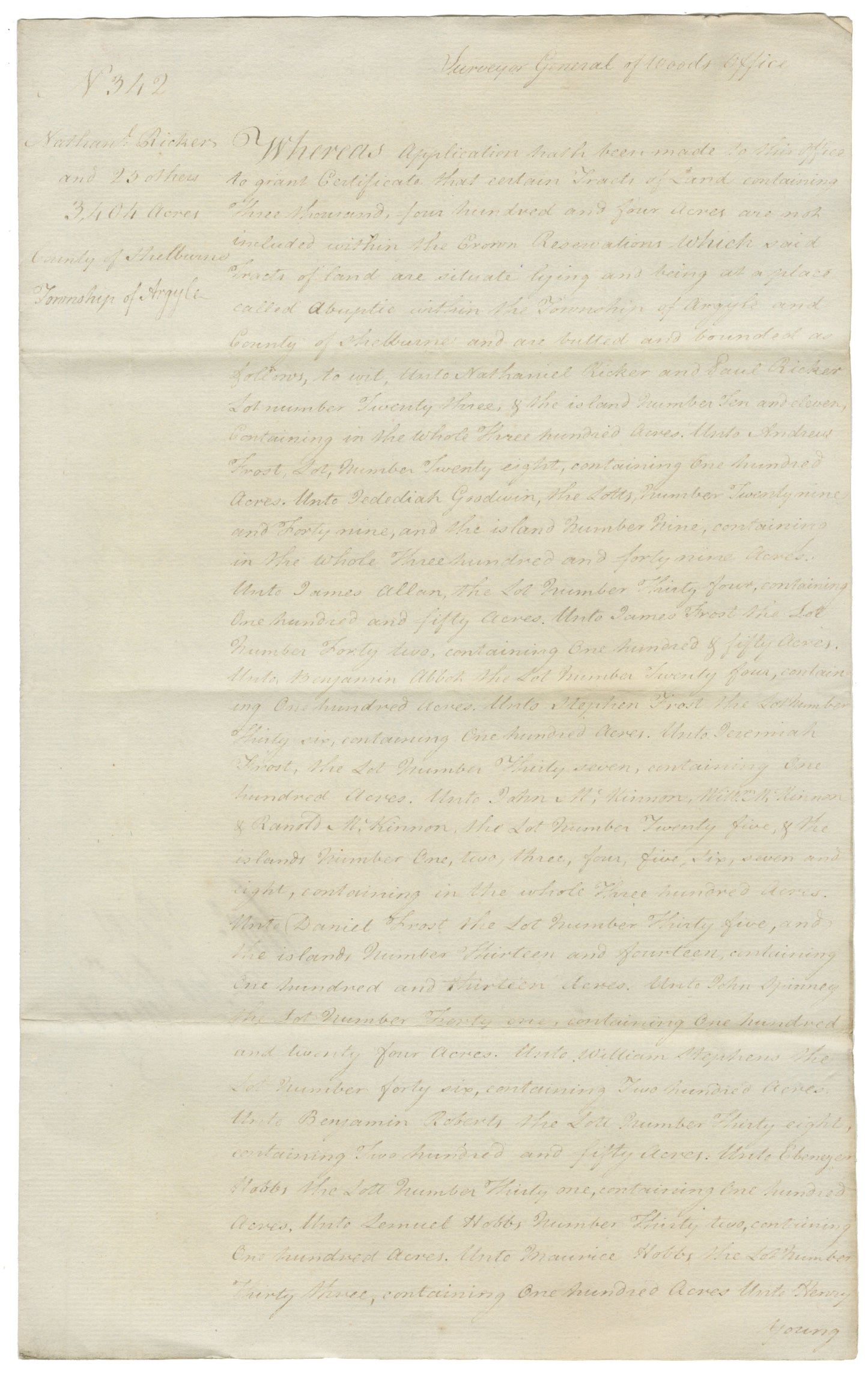 Ricker, Nathaniel and others – 1785 – Shelburne County - Surveyor's Certificate