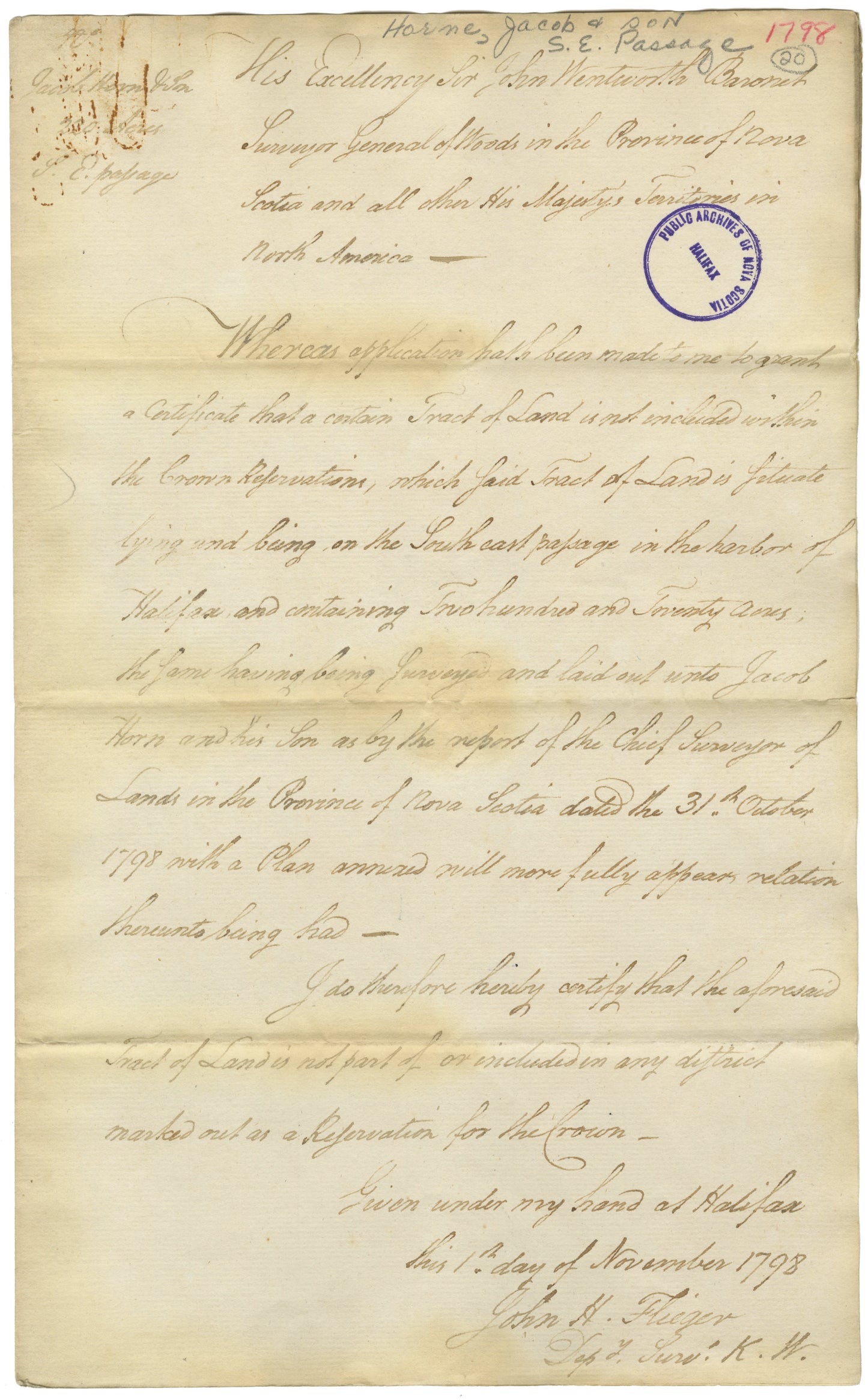 Horne, Jacob and Horne, Jacob, Jr. – 1798 – Halifax County - Surveyor's Certificate