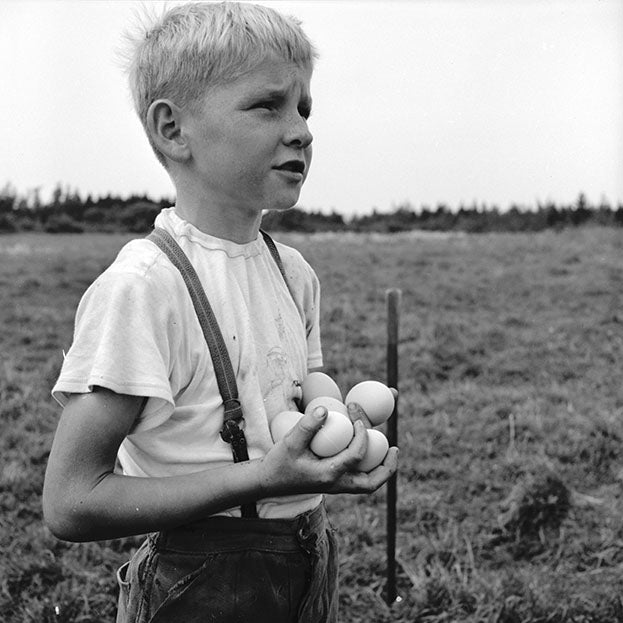 Jackie with chicken eggs he has gathered in the hen house.