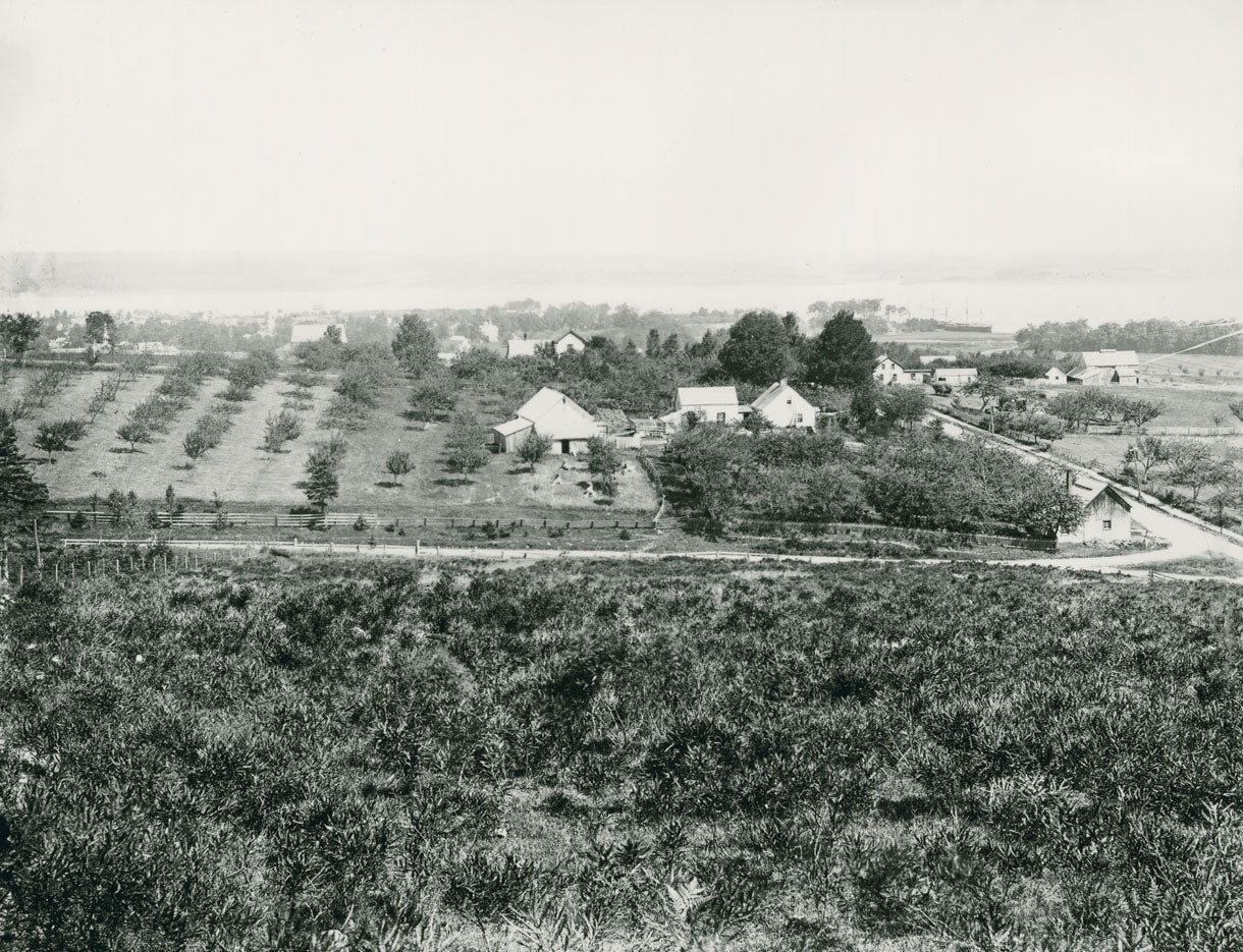 View of Avon Valley from hill showing blacksmith shop at corner of Rand and Main Streets - Hantsport, Nova Scotia