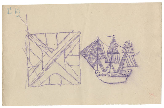 Tracing of a petroglyph of a Mi'kmaq juggler's lodge and a petroglyph of a full-rigged ship with a high poop