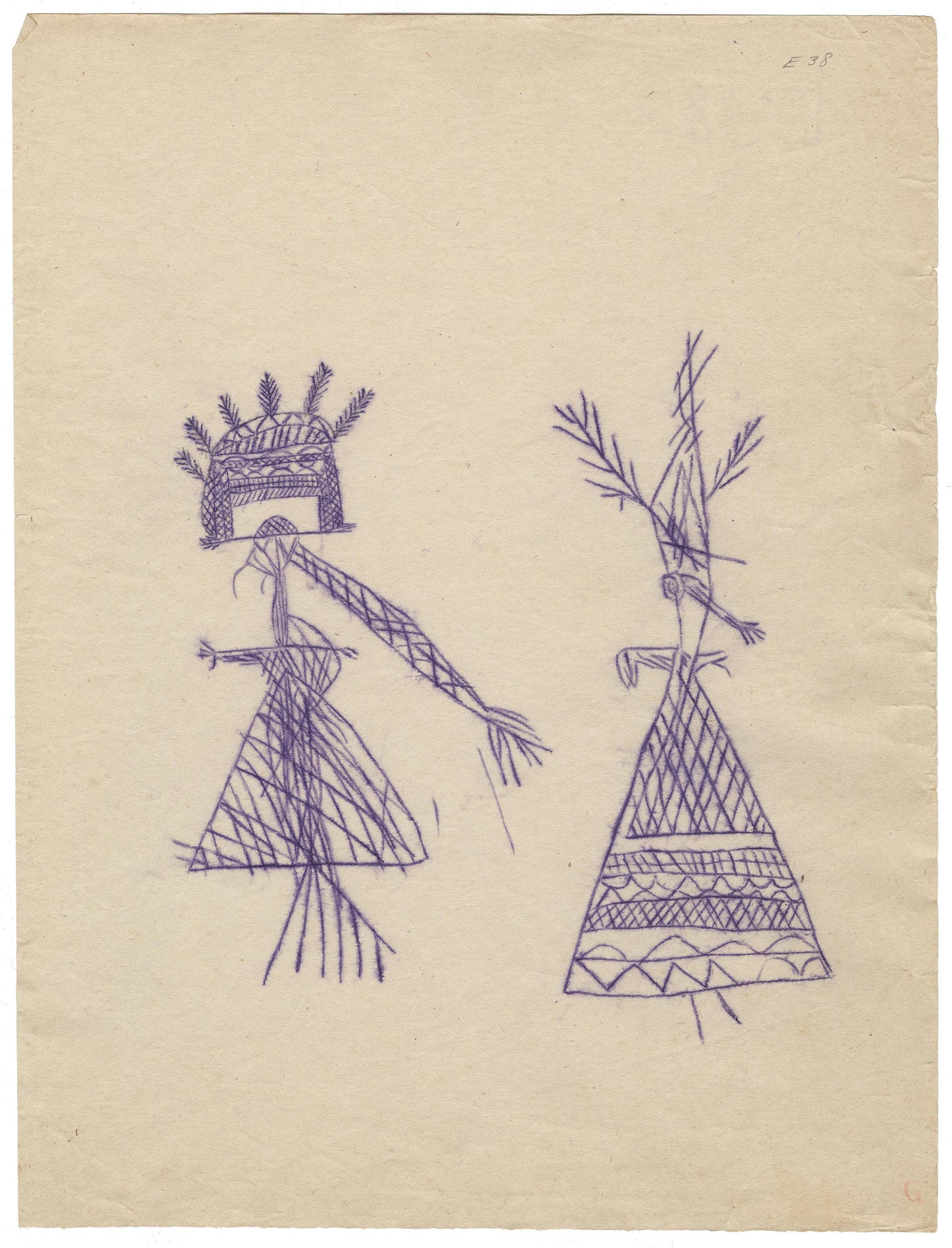 Tracing of a petroglyph of two human figures in elaborate ceremonial clothing and having root-like feet and legs