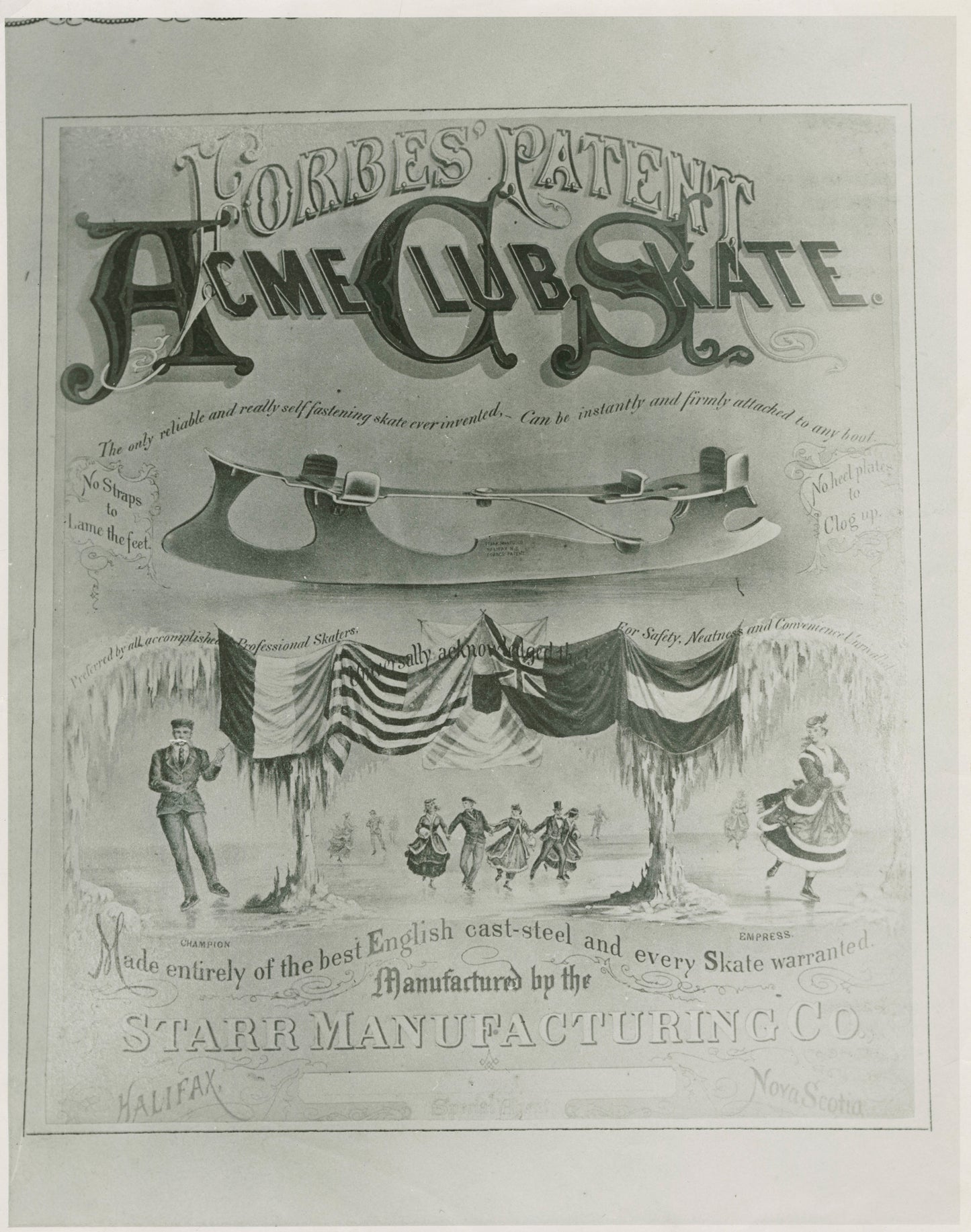 Advertisement for Forbes Patent Acme Club Skate manufactured by the Starr Manufacturing Co., Dartmouth, N.S.