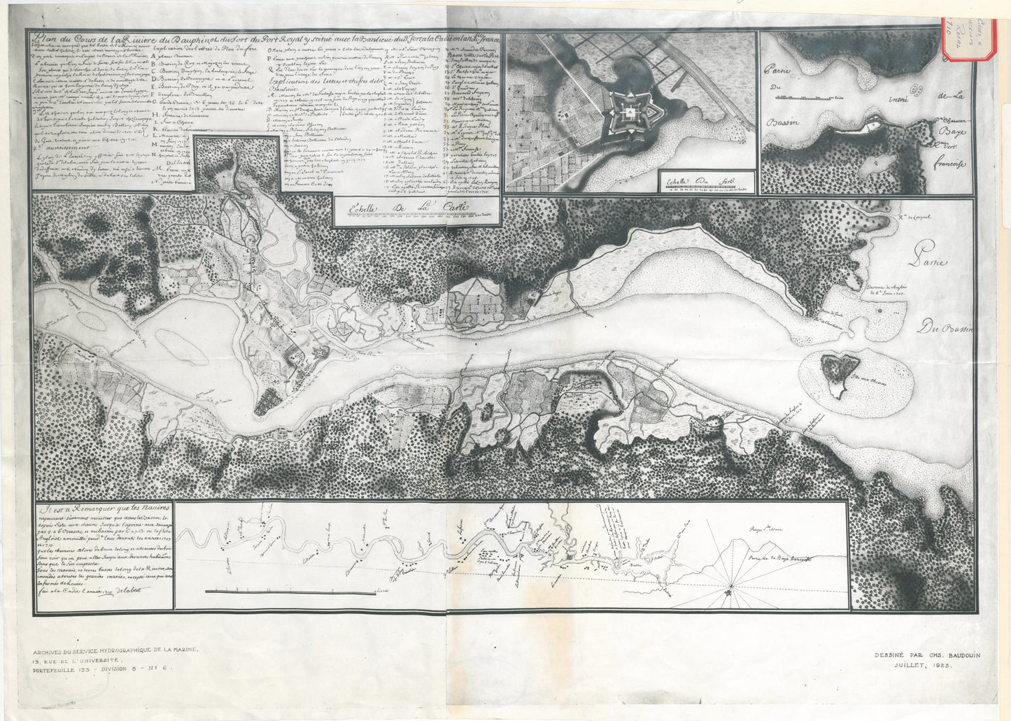 Plan du Cours de la Riviere du Dauphin et du Fort du Port Royal y situe avec la Banlieue du fort a la Cadaie en la Noveau France