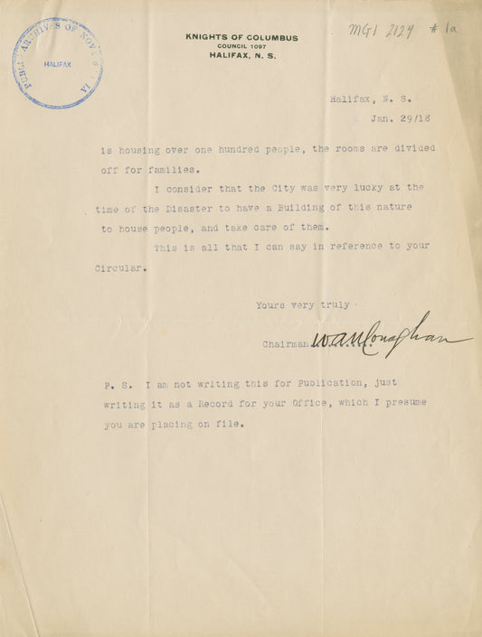 Letter from Halifax W.A.N. Lonaghan