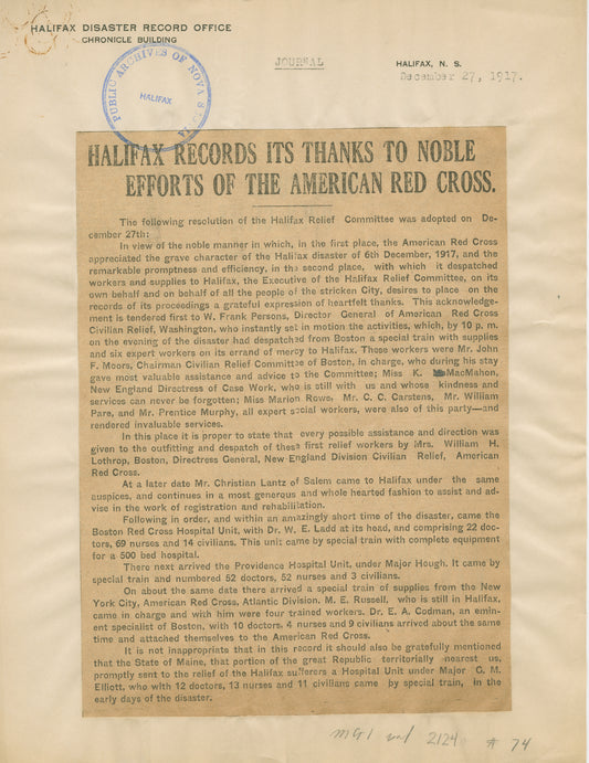 "Halifax Records its thanks to noble efforts of the American Red Cross"