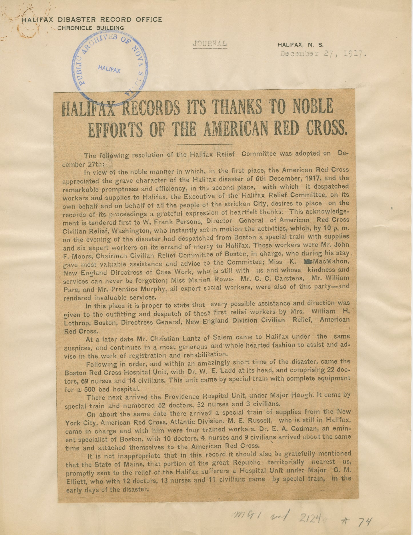 "Halifax Records its thanks to noble efforts of the American Red Cross"