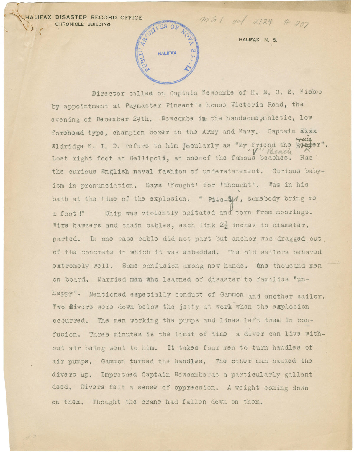 Personal narrative - Captain Newcombe of H.M.C.S. Niobe