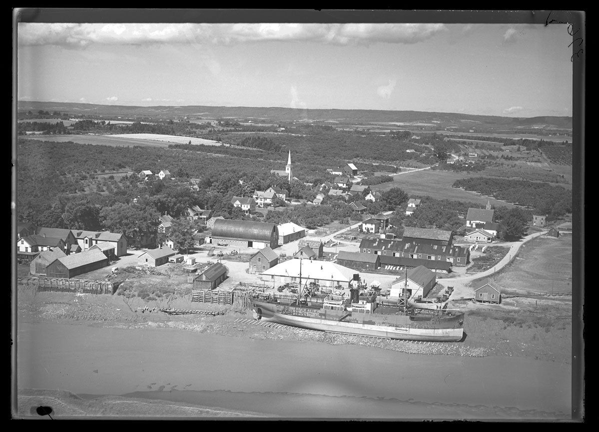 Aerial Photograph of Waterfront with Freighter, Port Williams, Nova Scotia